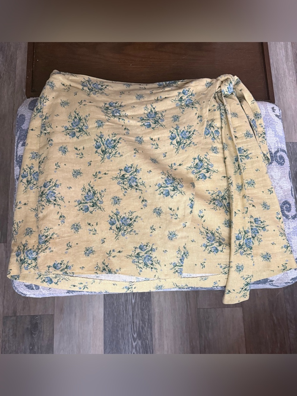 Floral Wrap Mini Skirt in Yellow with Blue Bouquet Print